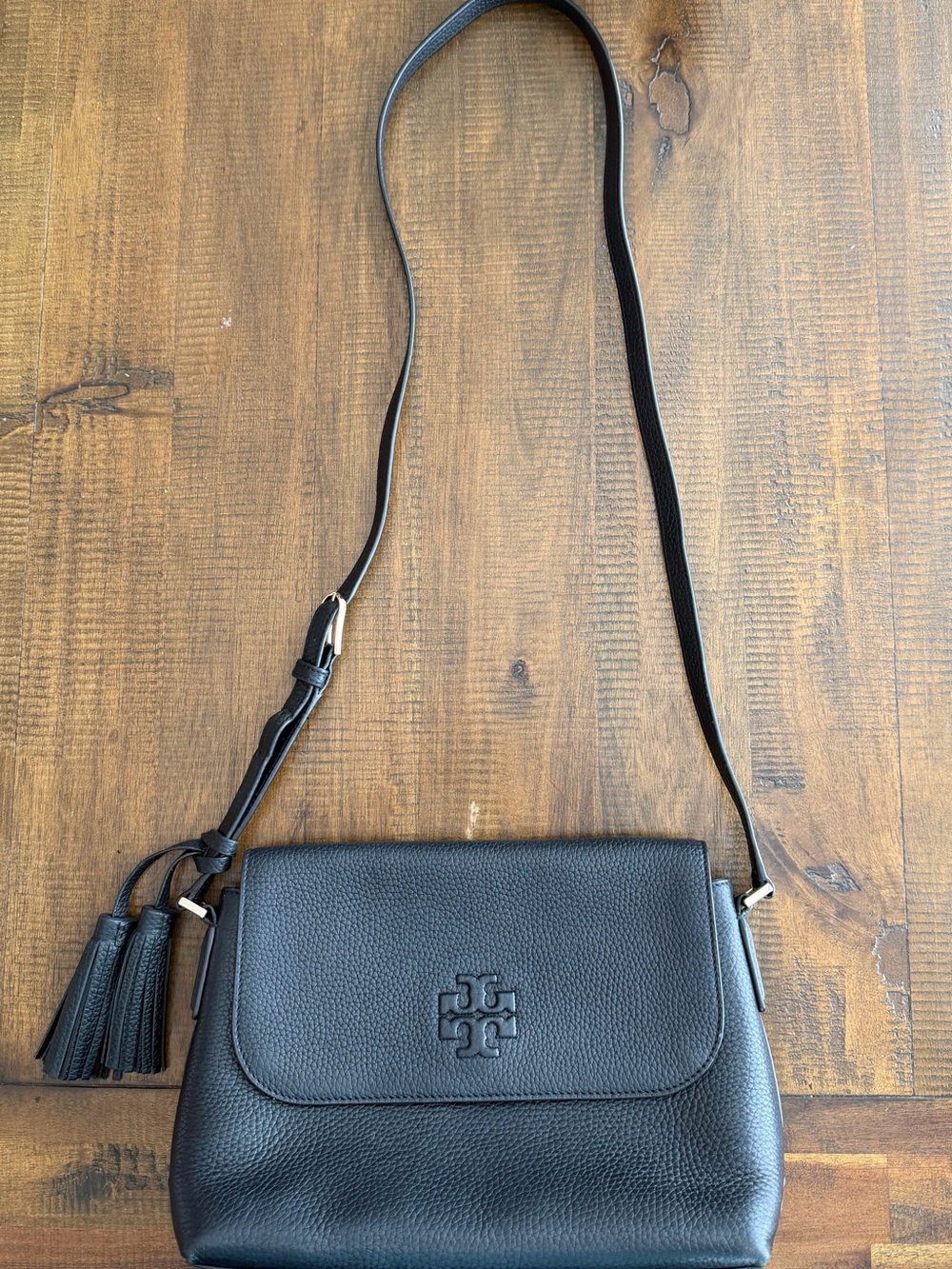 Tory Burch Black Pebbled Leather Crossbody with Tassel - Picture 2 of 7
